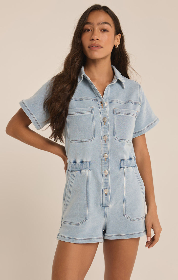 Z Supply: Elias Denim Romper - Sun Bleached Indigo