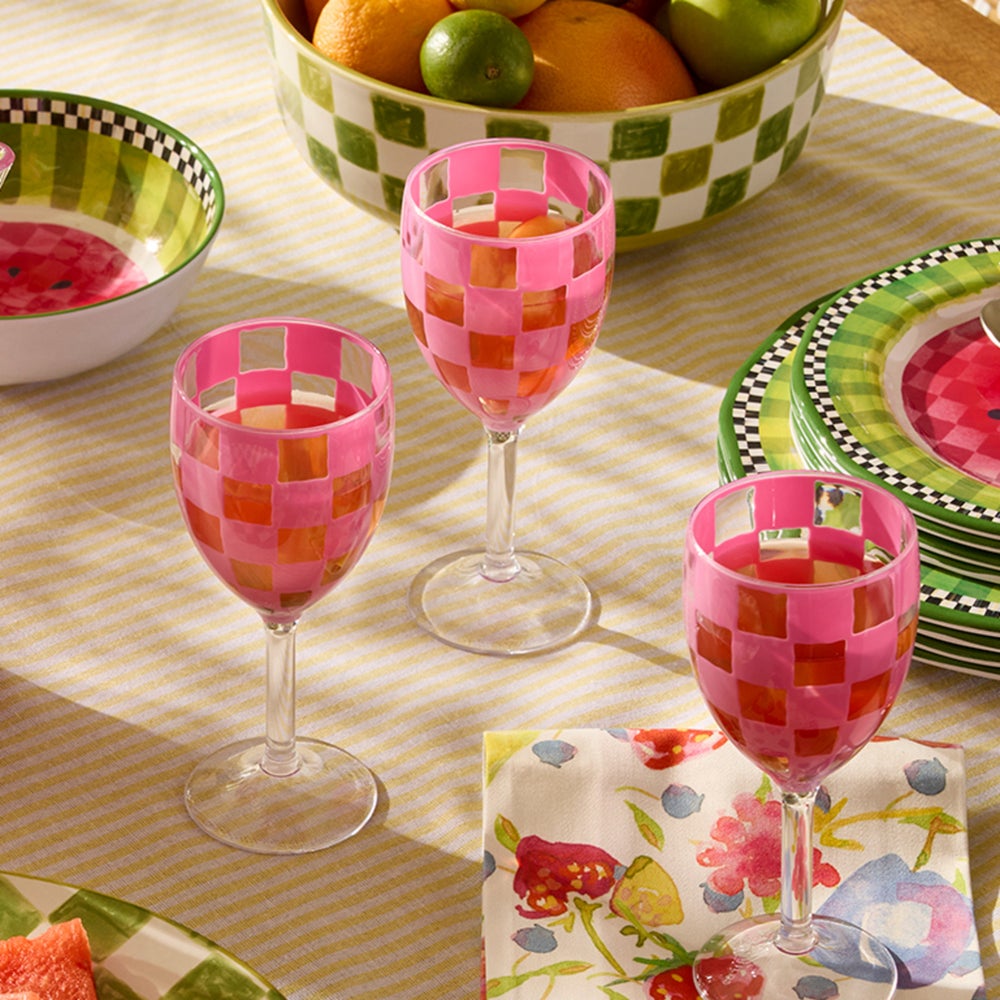 MacKenzie Childs: Pink Check Acrylic Wine Goblets, Set of 4