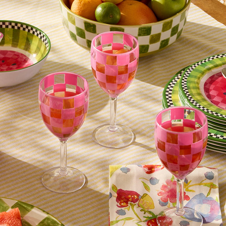 MacKenzie Childs: Pink Check Acrylic Wine Goblets, Set of 4