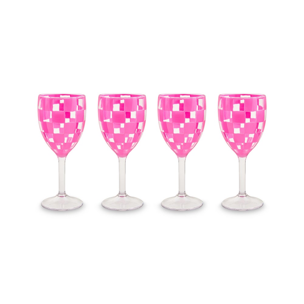 MacKenzie Childs: Pink Check Acrylic Wine Goblets, Set of 4