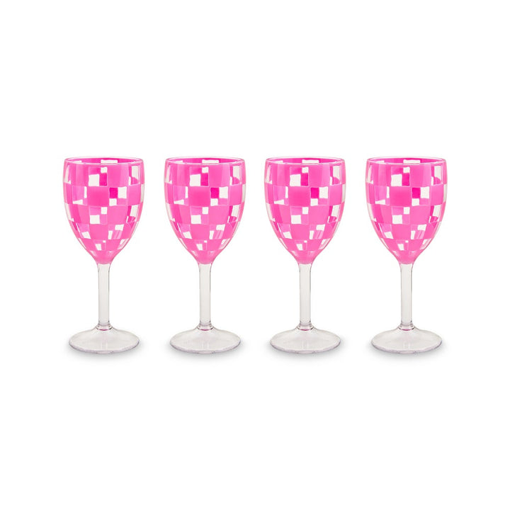 MacKenzie Childs: Pink Check Acrylic Wine Goblets, Set of 4