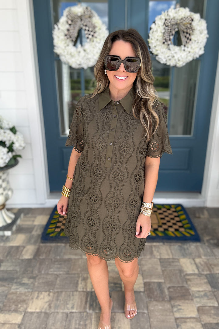 English Factory: Scallop Embroidered Shirt Dress - Olive