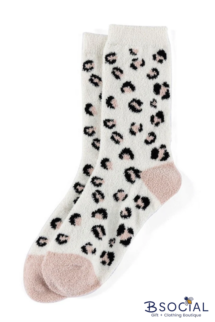 Charlie Leopard Print Plush Socks, Ivory