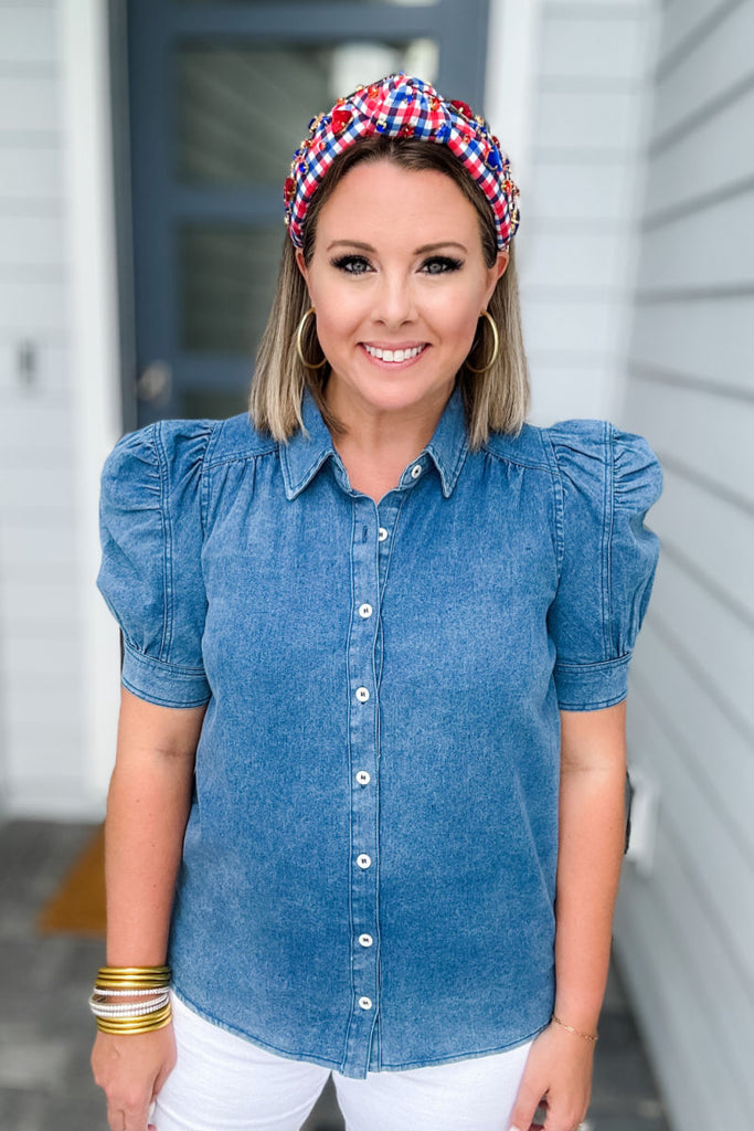 Sweetly Yours Chambray Puff Sleeve Blouse