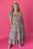 THML: Flower Print Tiered Flutter Maxi Dress