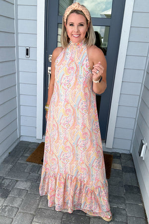 Paisley Delight Halter Maxi Dress - Orange Combo