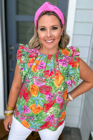 Summer Sippin' Ruffle Top - Green