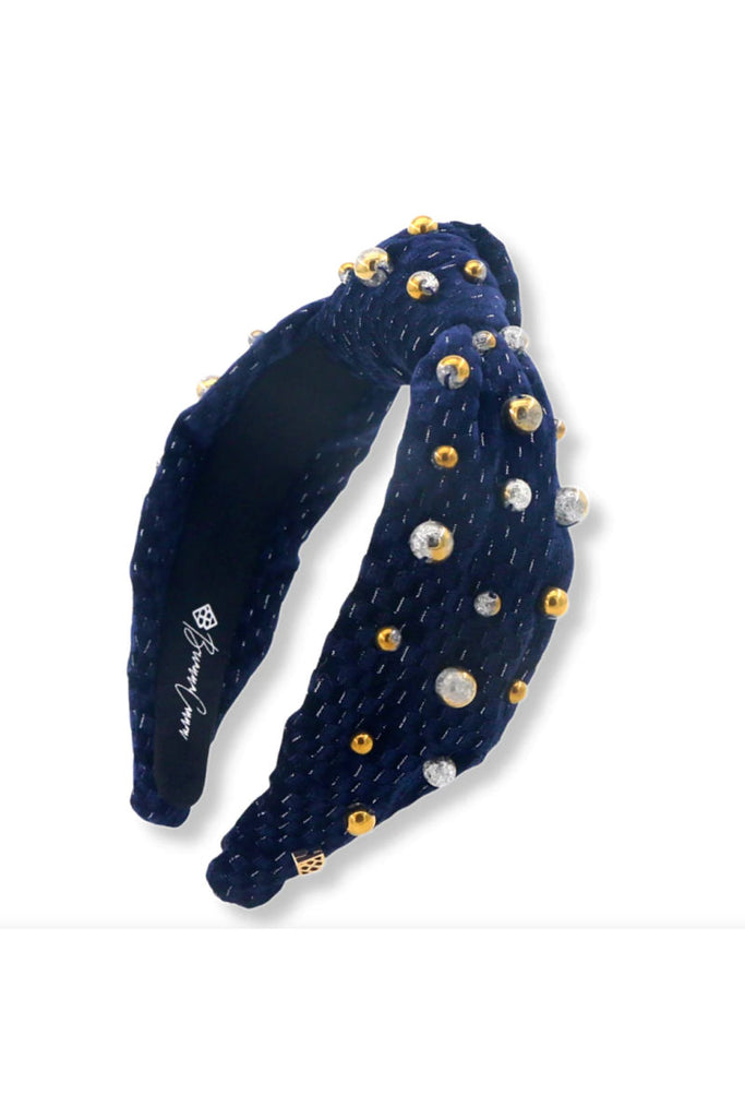 Brianna Cannon: NAVY VELVET HEADBAND WITH GOLD AND SILVER BEADS