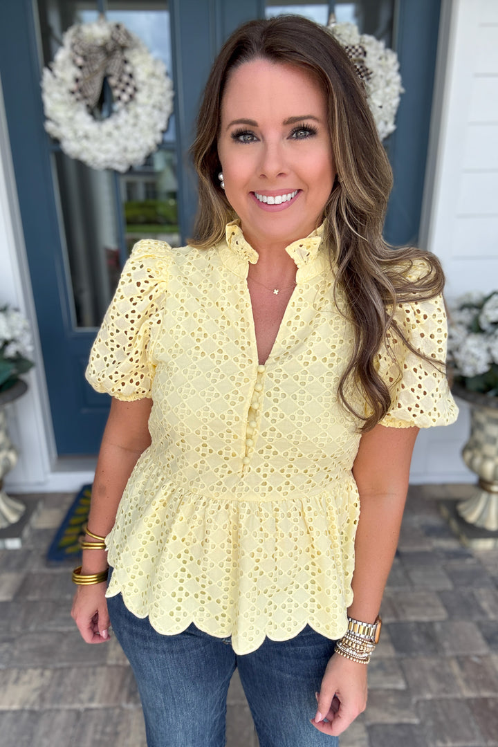 yellow scallop eyelet blouse