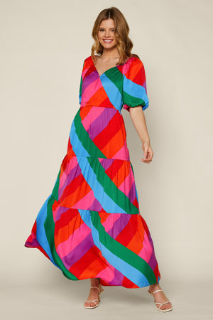 Ole' Puff Sleeve Rainbow Maxi Dress