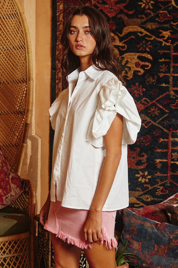 Tiered Ruffle Sleeve Solid Shirt Blouse