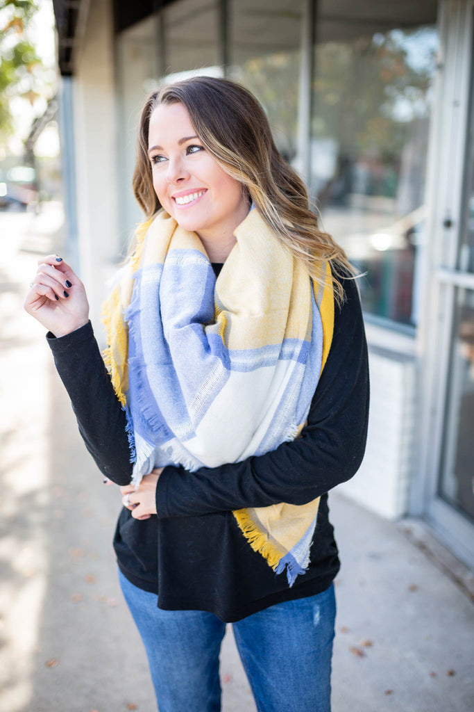 Meet Me Blanket Scarf - Blue + yellow - A Cut Above Boutique