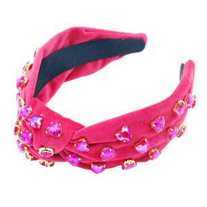 Brianna Cannon: HOT PINK VELVET HEADBAND WITH HAND-SEWN HOT PINK CRYSTAL HEARTS