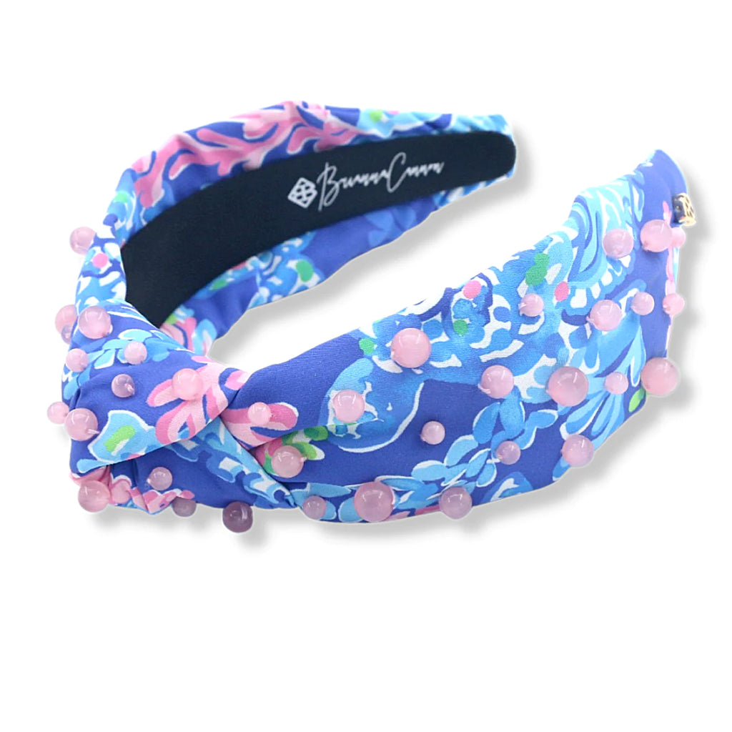 Brianna Cannon: BLUE & PINK UNDER THE SEA PRINTED HEADBAND WITH PINK BEADS