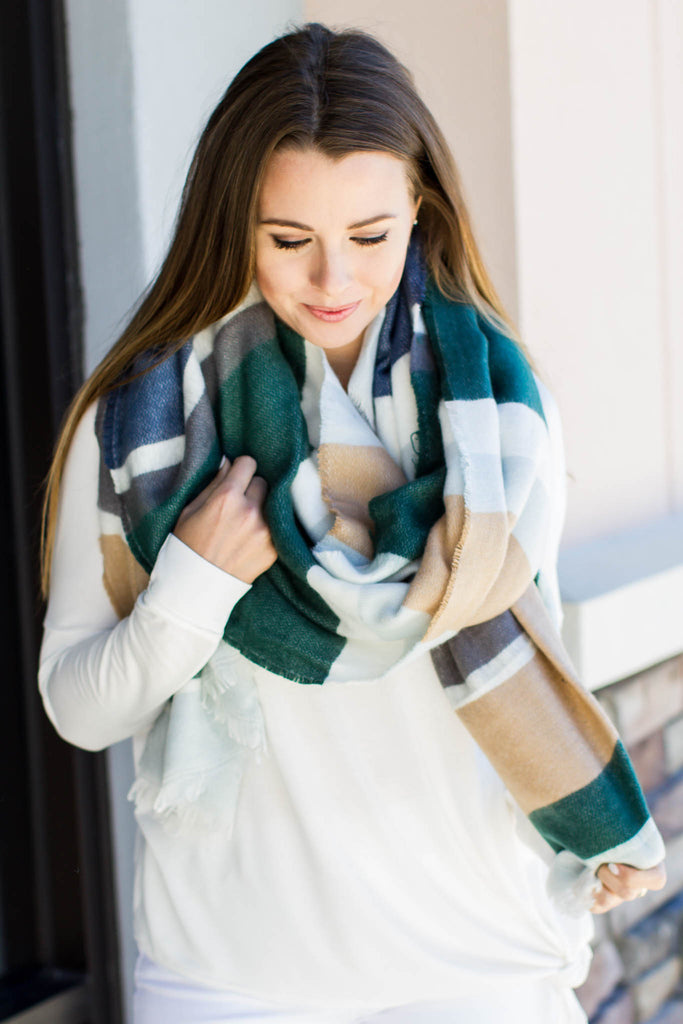 Hold On Stripe Blanket Scarf - Green - A Cut Above Boutique
