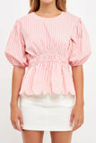 Scalloped Puff Sleeve Top - Pink