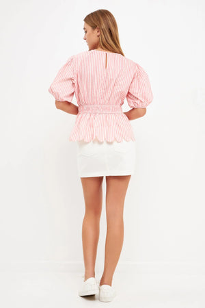 Scalloped Puff Sleeve Top - Pink