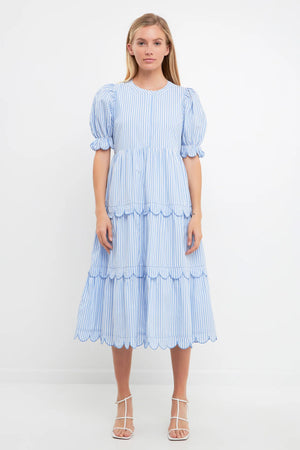 Mrs. Scalloped Midi Dress - Blue Stripe