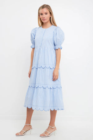 Mrs. Scalloped Midi Dress - Blue Stripe