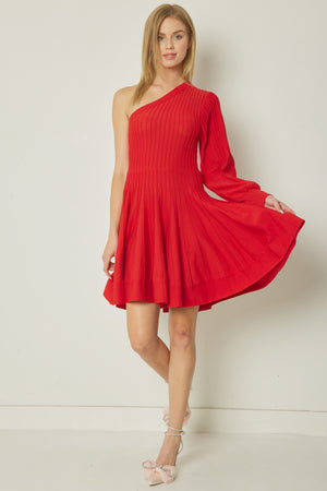 Rib Mini One Shoulder Dress- Red