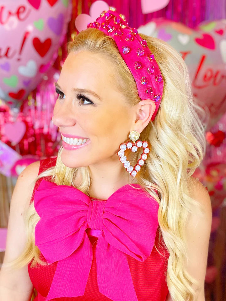 Brianna Cannon: HOT PINK VELVET HEADBAND WITH HAND-SEWN HOT PINK CRYSTAL HEARTS