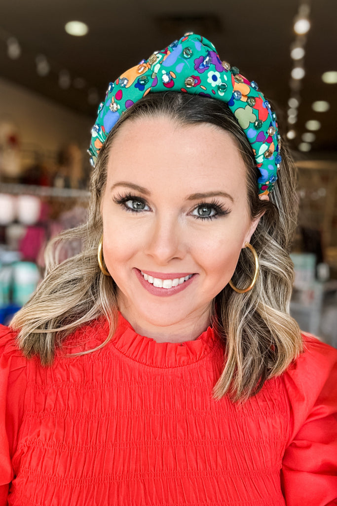 Brianna Cannon: BRIGHT FLORAL HEADBAND WITH FLAT CRYSTAL BEADS
