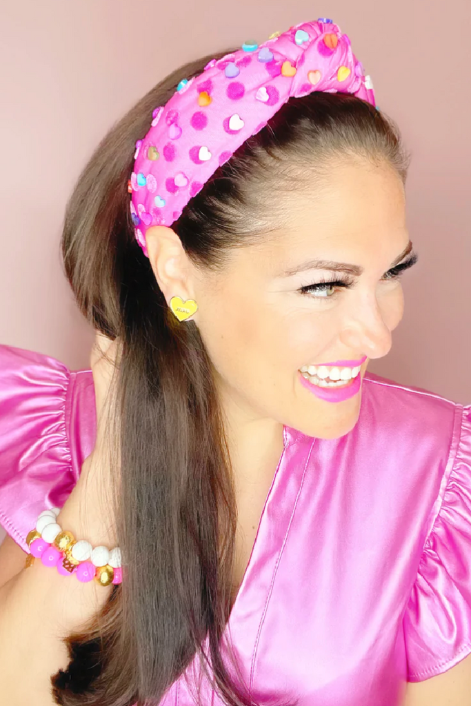 Brianna Cannon: PINK VELVET DOT HEADBAND WITH COLORFUL HEARTS