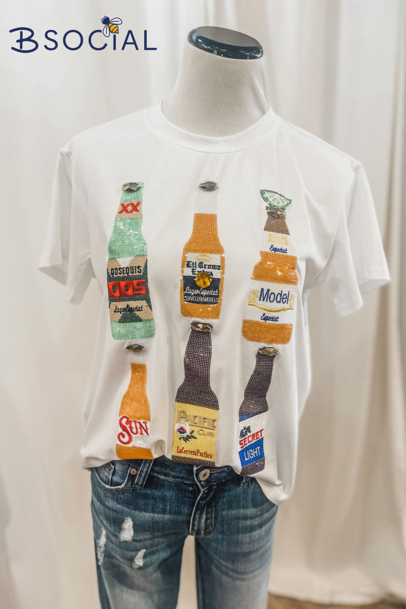 Queen Of Sparkles:  Cinco Beer Sequin Tee